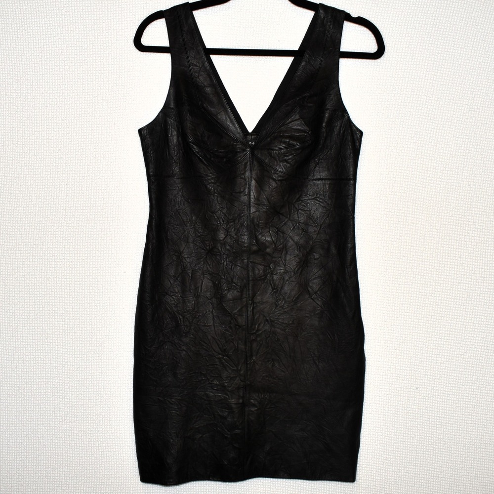 Robert Rodriguez Black Lamb Leather V-Neck Mini Dress Cutout Back R1008D18 Sz 6